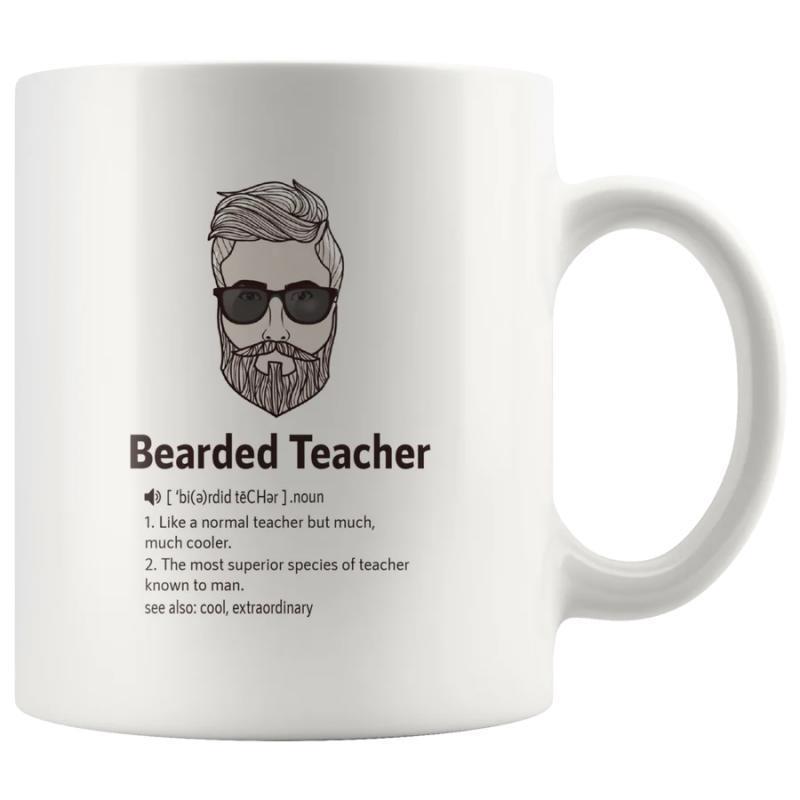 Tailorly White Ceramic 11 oz Mug - Bearded Teacher Hand Drawn Hipster Icon With Thick Beard And Sunglasses Man
