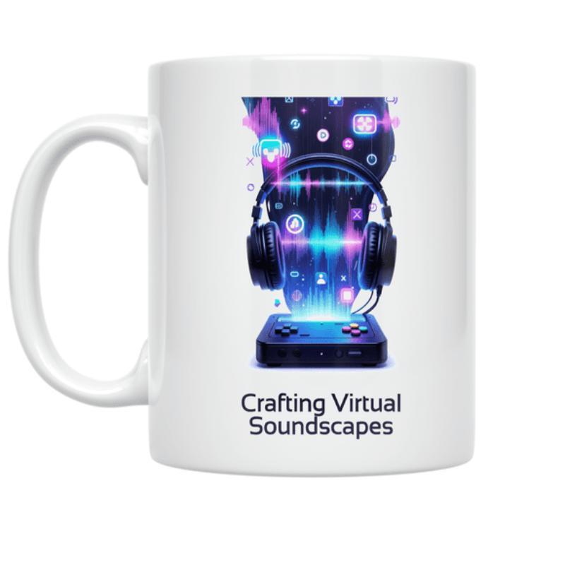 Tailorly White Ceramic 11 oz Mug - Crafting Virtual Soundscapes Neon Glowing Audio Waves Above Gaming Console With Stylish Black Headphones
