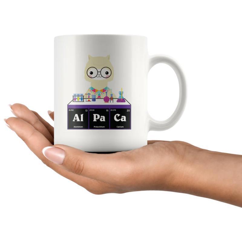 Tailorly White Ceramic 11 oz Mug - Al Pa Ca Cute Cartoon Llama Wearing Glasses Conducting Science Experiments With Colorful Lab Beakers Alpaca