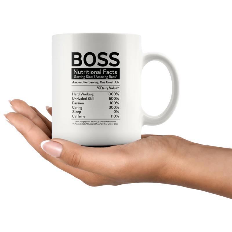 Tailorly White Ceramic 11 oz Mug - Boss Nutritional Facts Sleek Modern Minimalist Black Ink Printed On Smooth Ceramic Mug