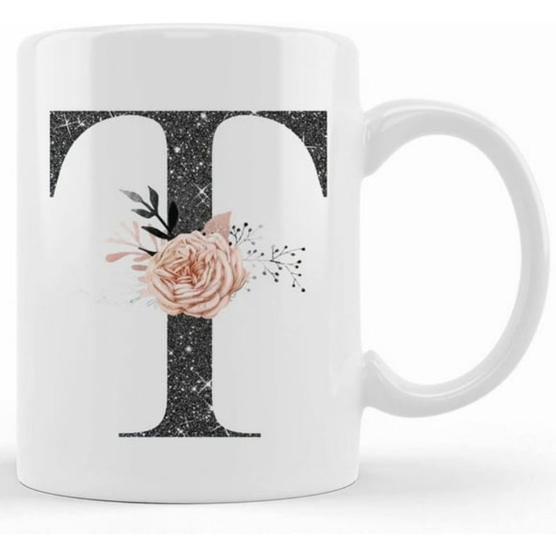 Tailorly White Ceramic 11 oz Mug - T Large Glittery Letter Decorated With Elegant Soft Pink Blooming Floral Rose