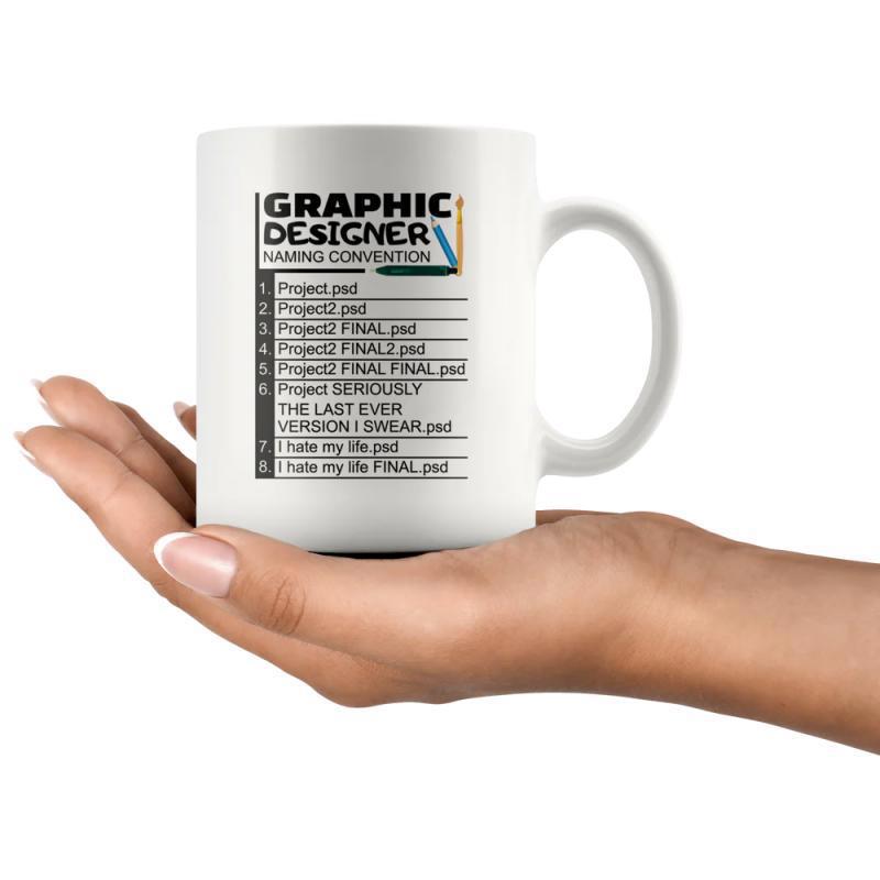 Tailorly White Ceramic 11 oz Mug - Graphic Designer Naming Convention Humorous List Showing Messy File Versions For Digital Creative Professional Sign