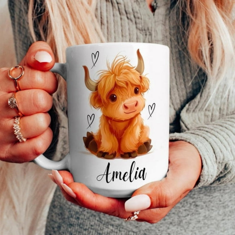 Tailorly White Ceramic 11 oz Mug - Amelia Cute Fluffy Orange Baby Cow Surrounded By Small Hand Drawn Hearts Highland Cow