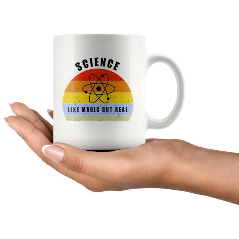 Tailorly White Ceramic 11 oz Mug - Science Like Magic But Real Retro Striped Sunset Background With Atom Orbits And Scientific Electrons Atom