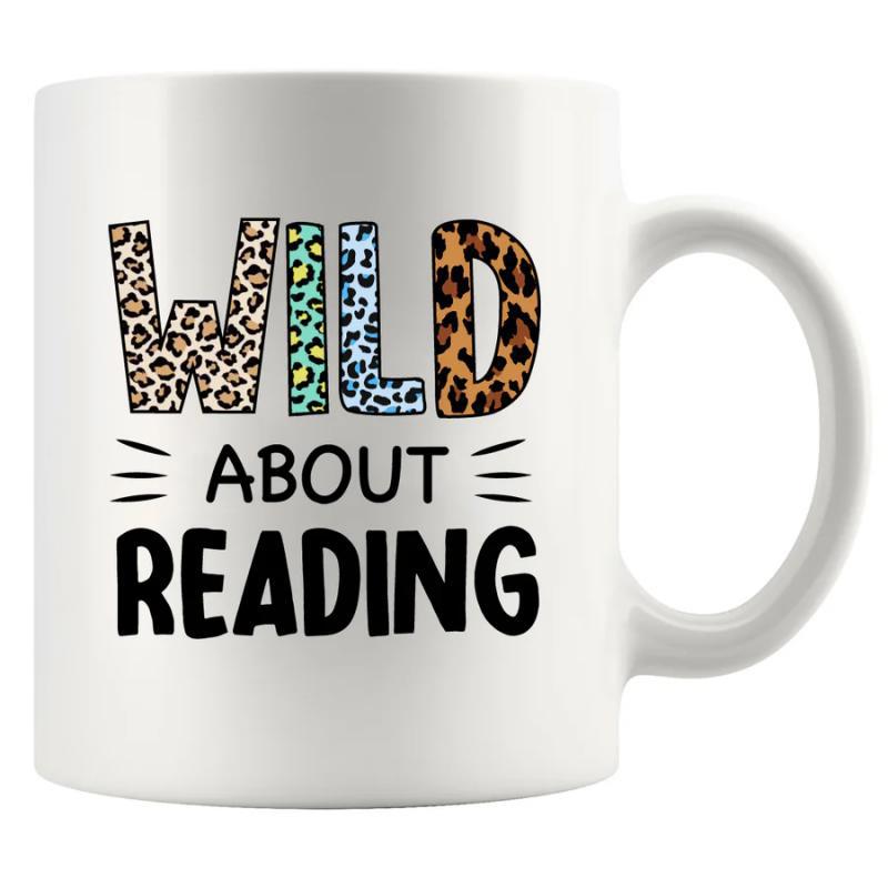 Tailorly White Ceramic 11 oz Mug - Wild About Reading Bold Decorative Letters Filled With Various Wild Animal Skin Textures Pattern