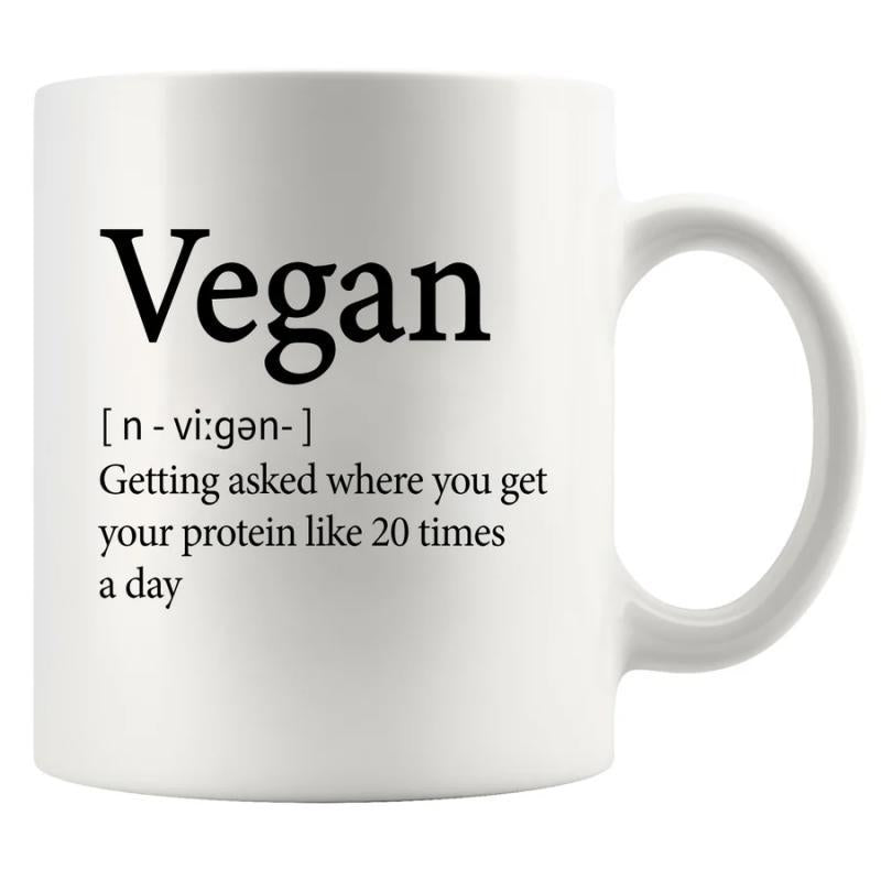 Tailorly White Ceramic 11 oz Mug - Vegan Getting Asked Where You Get Your Protein Like 20 Times A Day Clean Minimalist Dictionary Layout Featuring Elegant Black