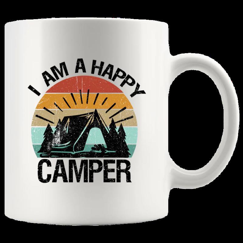 Tailorly White Ceramic 11 oz Mug - I Am A Happy Camper Vintage Distressed Sunset Stripes Behind A Forest Camping Scene Tent