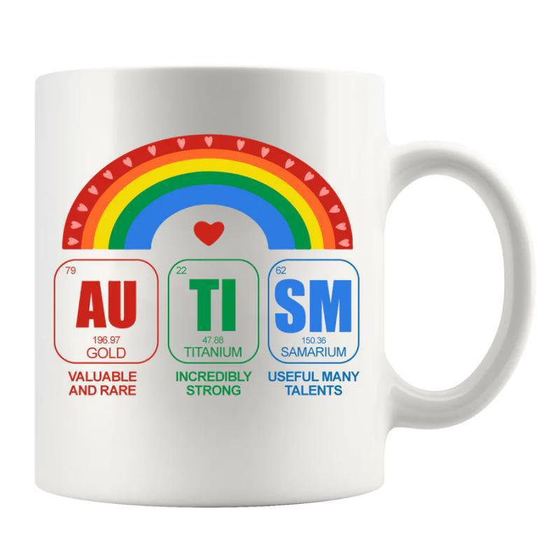 Tailorly White Ceramic 11 oz Mug - Au Ti Sm Colorful Arched Rainbow Featuring Red Heart Above Scientific Elements Mug