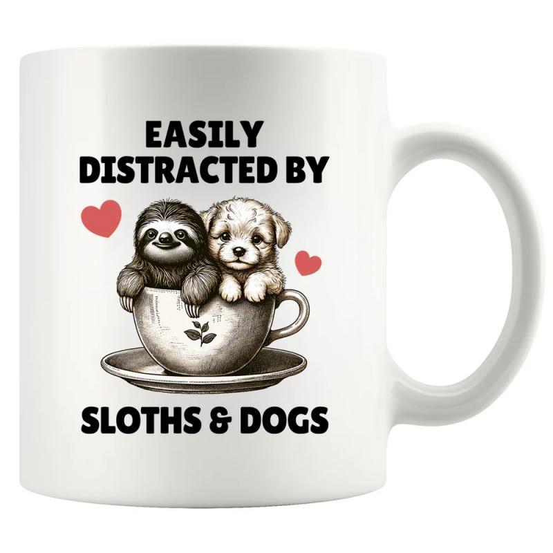 Tailorly White Ceramic 11 oz Mug - Easily Distracted By Sloths Dogs Adorable Sloth And Puppy Resting Inside A Classic White Teacup Animals