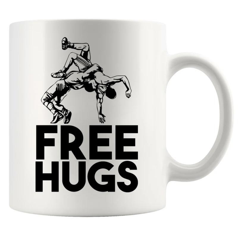 Tailorly White Ceramic 11 oz Mug - Free Hugs Powerful Athletic Motion Of Two Figures Performing A Traditional Suplex Wrestler