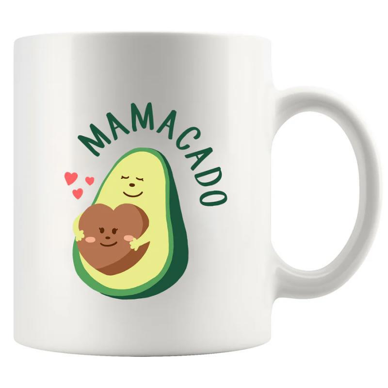 Tailorly White Ceramic 11 oz Mug - Mamacado Cute Cartoon Character Holding Heart Seed Surrounded By Small Pink Hearts Avocado