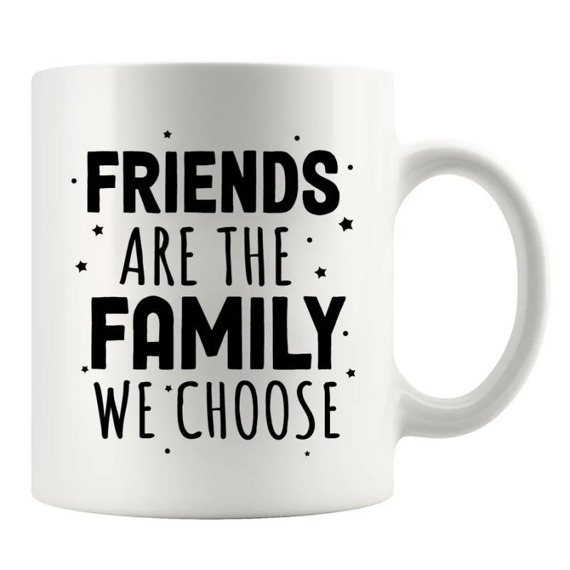 Tailorly White Ceramic 11 oz Mug - Friends Are The Family We Choose Simple Black Decorative Dots And Stars Scattered Around Bold Inspirational Lettering Mug