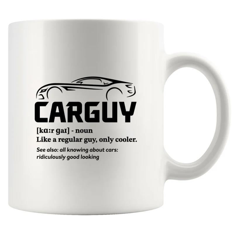 Tailorly White Ceramic 11 oz Mug - Car Guy Like A Regular Guy Only Cooler Minimalist Black Ink Outline Showing Sleek Modern Automotive Curves Sports Car