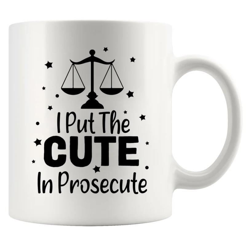 Tailorly White Ceramic 11 oz Mug - I Put The Cute In Prosecute Minimalist Black Silhouette Justice Balance With Twinkling Stars Scales