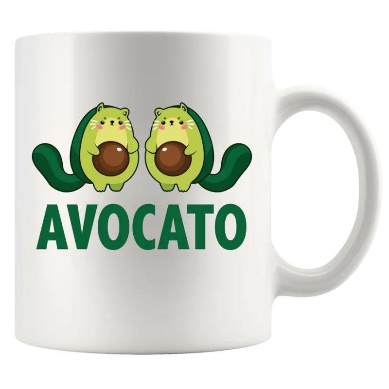 Tailorly White Ceramic 11 oz Mug - Avocato Two Adorable Green Kittens Resting Inside Sliced Healthy Green Fruit Avocado