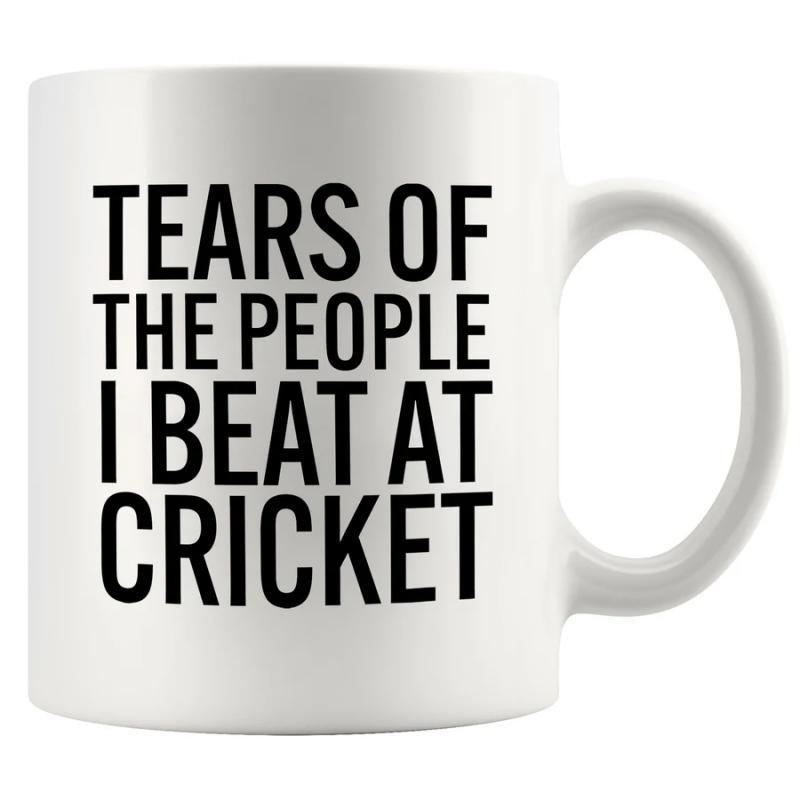 Tailorly White Ceramic 11 oz Mug - Tears Of The People I Beat At Cricket Classic With Bold Black Lettering Design Mug