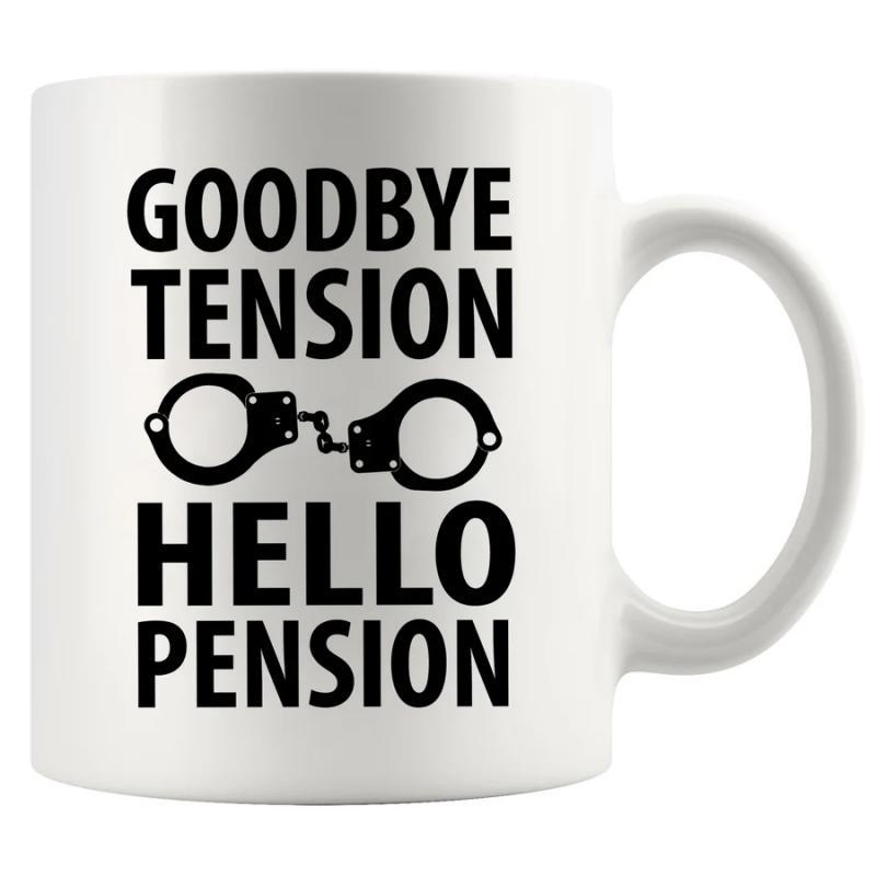 Tailorly White Ceramic 11 oz Mug - Goodbye Tension Hello Pension Bold Black Minimalist Silhouette Of Unlocked Metal Police Style Handcuffs
