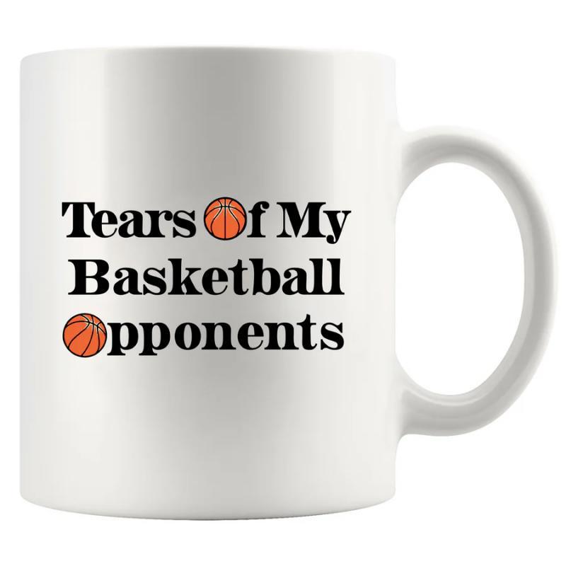 Tailorly White Ceramic 11 oz Mug - Tears Of My Basketball Opponents Orange Textured Sports Balls Placed Within Bold Black Serif Font Mug