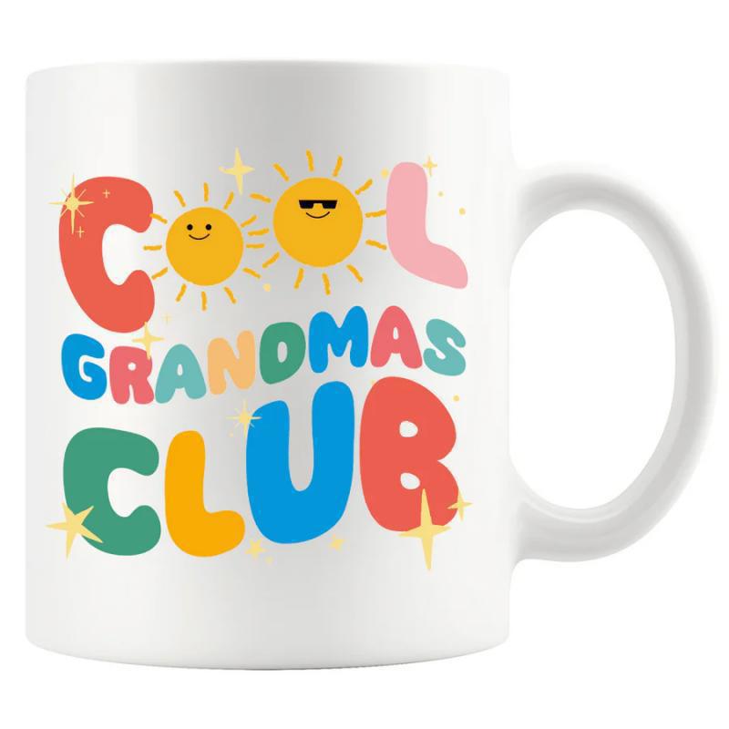 Tailorly White Ceramic 11 oz Mug - Cool Grandmas Club Vibrant Retro Colorful Style Featuring Smiling Suns And Sparkling Stars Mug