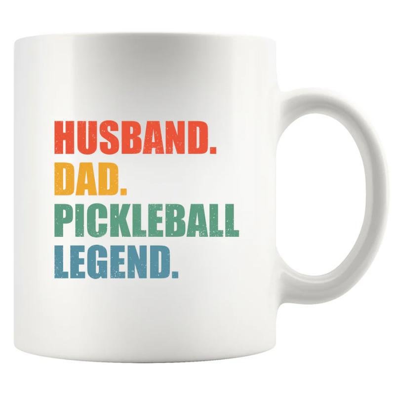 Tailorly White Ceramic 11 oz Mug - Husband Dad Pickleball Legend Retro Vintage Styled Stacked Block Text On White Background Mug