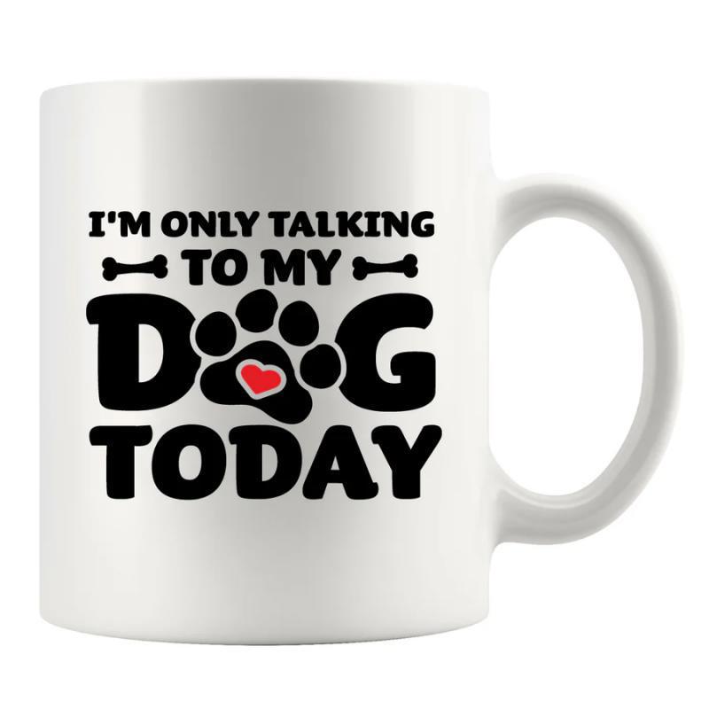 Tailorly White Ceramic 11 oz Mug - Im Only Talking To My Dog Today Minimalist Paw Print With Tiny Red Heart And Bones Mug