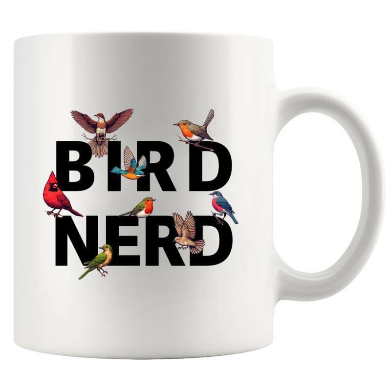 Tailorly White Ceramic 11 oz Mug - Bird Nerd Small Colorful Wild Birds Resting On Thick Black Decorative Letters Bird