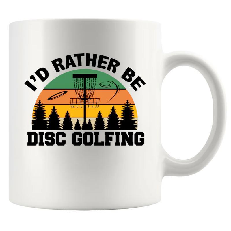 Tailorly White Ceramic 11 oz Mug - Id Rather Be Disc Golfing Vintage Retro Sunset With Pine Trees And Professional Sport Basket