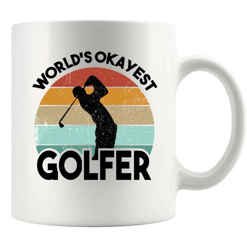 Tailorly White Ceramic 11 oz Mug - Worlds Okayest Golfer Retro Striped Sunset Background Featuring A Swinging Silhouette Sports Golfer
