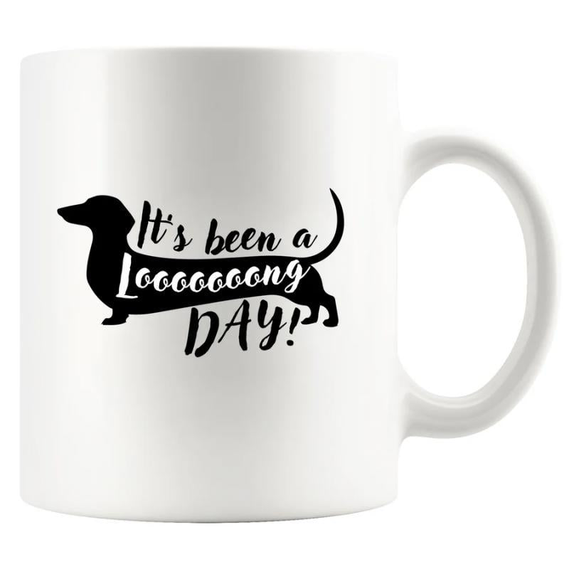 Tailorly White Ceramic 11 oz Mug - Its Been A Looooooong Day Sleek Black Silhouette Of An Elongated Dog Breed Resting For A Dachshund