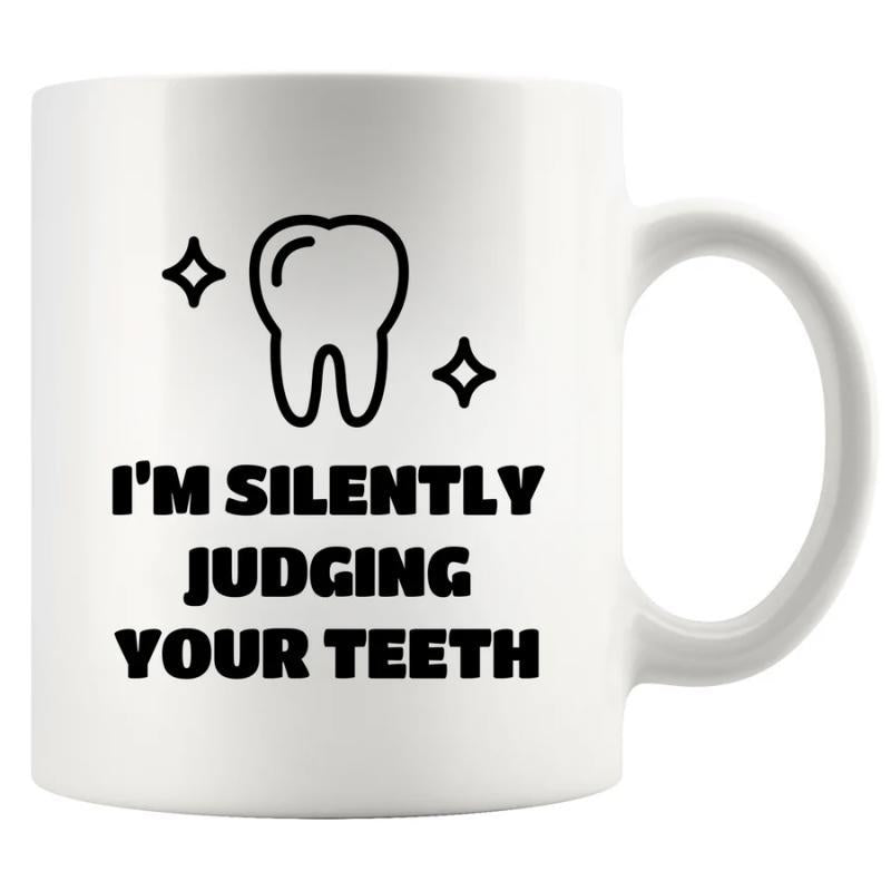 Tailorly White Ceramic 11 oz Mug - Im Silently Judging Your Teeth Simple Black Outline Dental Molar With Small Sparkling Stars Shining Brightly Tooth