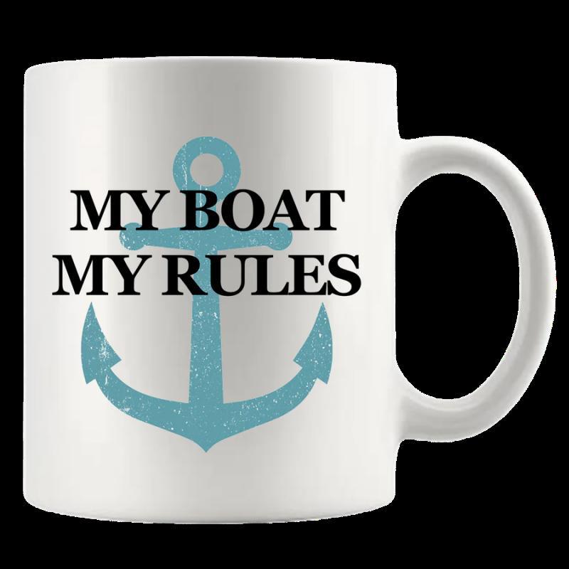 Tailorly White Ceramic 11 oz Mug - My Boat My Rules Light Blue Nautical Distressed Style Floating Over A White Background Anchor