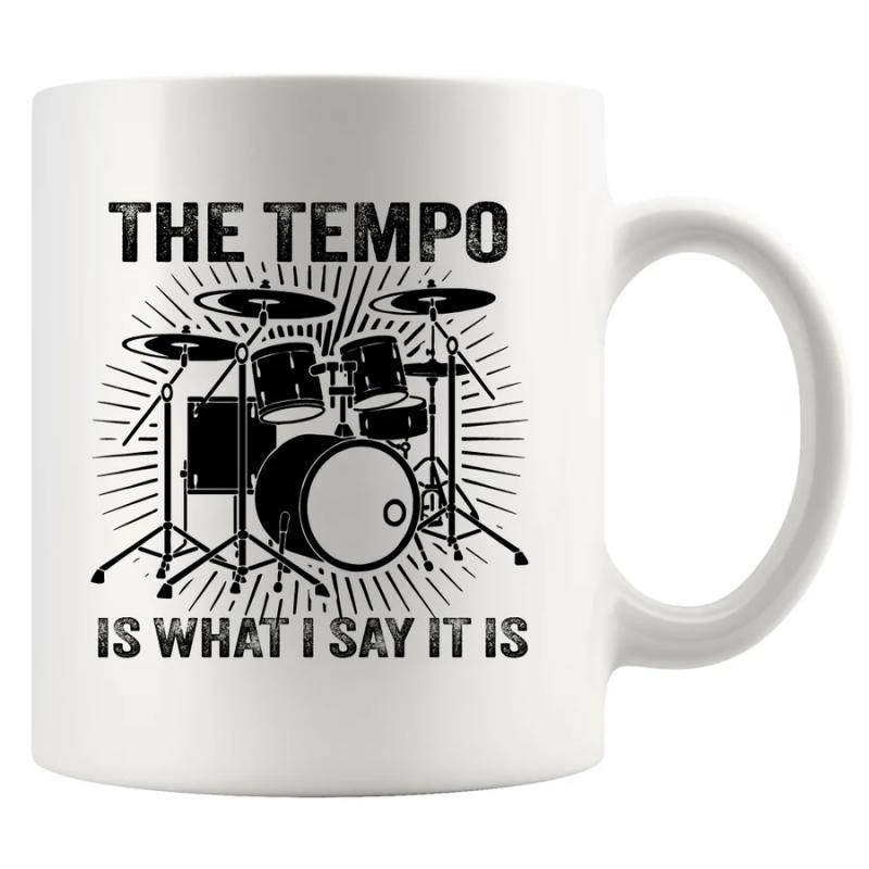 Tailorly White Ceramic 11 oz Mug - The Tempo Is What I Say It Is Intricate Black Drum Set With Radiating Background Lines And Hardware Drums