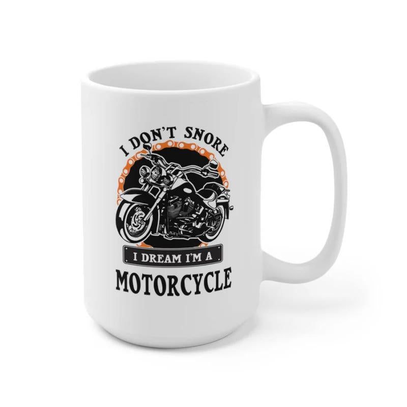 Tailorly White Ceramic 11 oz Mug - I Don't Snore I Dream I'm A Motorcycle Vintage Style Cruiser Within An Orange Dotted Circular Frame Motorcycle
