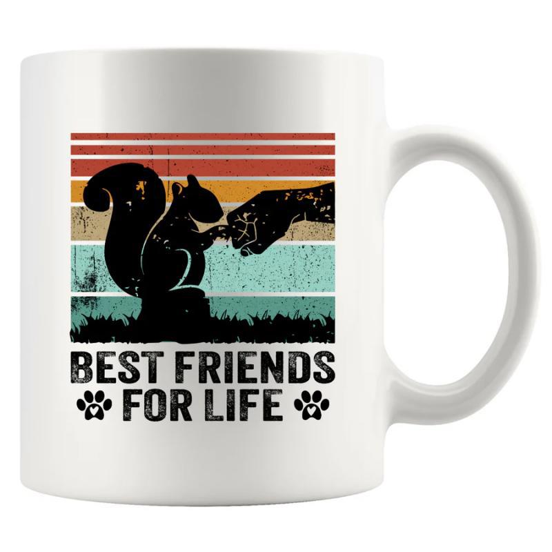 Tailorly White Ceramic 11 oz Mug - Best Friends For Life Retro Distressed Vintage Sunset Featuring Human Hand Fist Bumping Squirrel