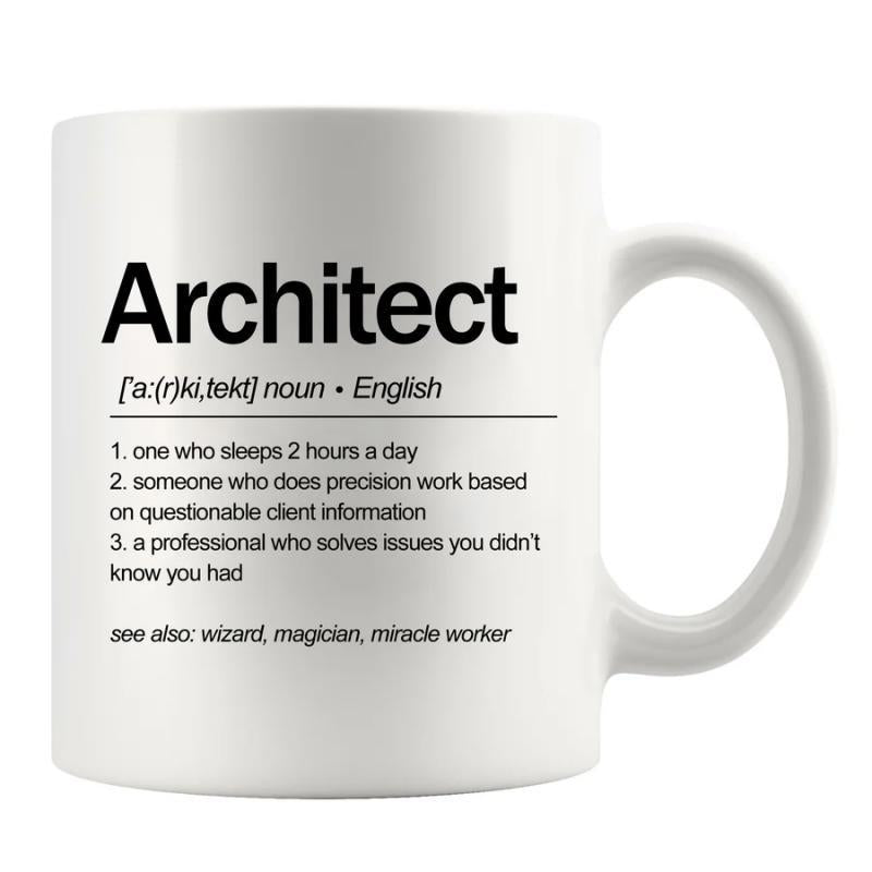 Tailorly White Ceramic 11 oz Mug - Architect Minimalist White Ceramic Vessel With Bold Black Dictionary Style Typography Mug