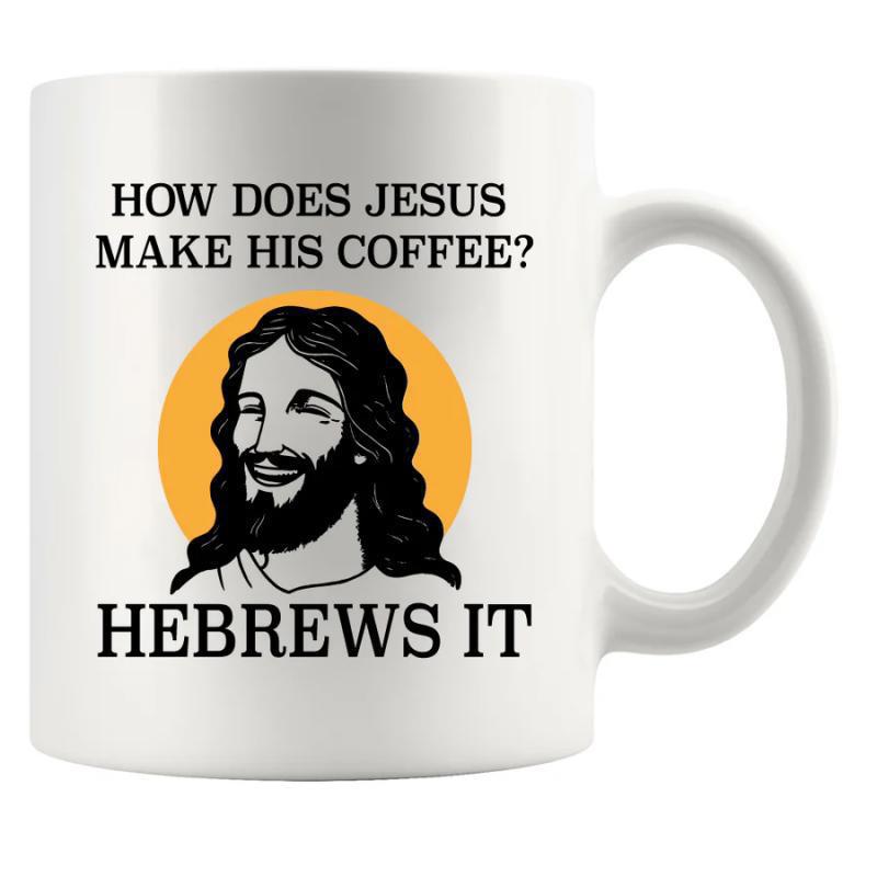 Tailorly White Ceramic 11 oz Mug - How Does Jesus Make His Coffee Hebrews It Stylized Illustrative Portrait With Beard And Long Hair Against Golden Halo Jesus