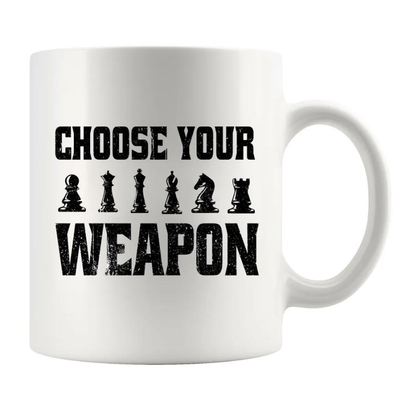Tailorly White Ceramic 11 oz Mug - Choose Your Weapon Strategic Gaming Silhouettes Standing Together In Distressed Black Ink Style Chess