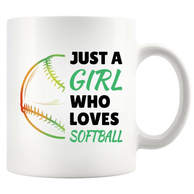 Tailorly White Ceramic 11 oz Mug - Just A Girl Who Loves Softball Half Of A Classic Ball With Bright Green Stitching Artistic Typography Softball