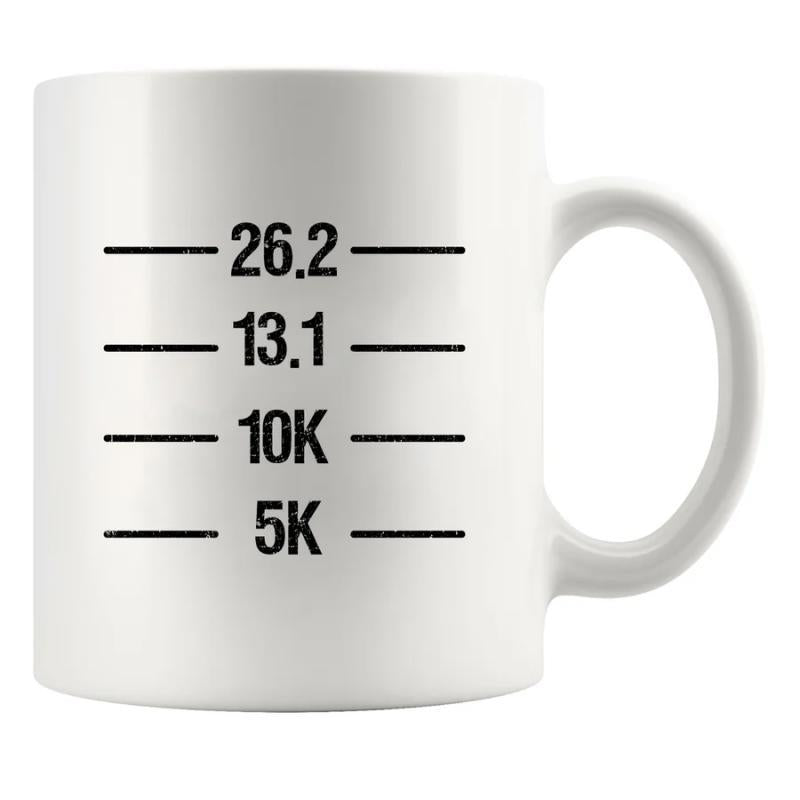 Tailorly White Ceramic 11 oz Mug - 26.2 13.1 10K 5K Achievement Milestones With Minimalist Black Running Distance Markings Mug