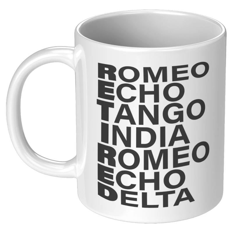 Tailorly White Ceramic 11 oz Mug - Retired Romeo Echo Tango India Romeo Echo Delta Minimalist Bold Black Text Arranged Vertically On Plain Surface Mug