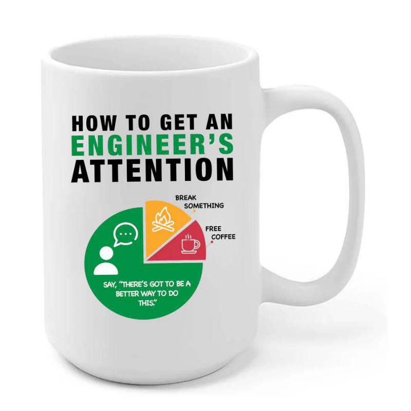 Tailorly White Ceramic 11 oz Mug - How To Get An Engineers Attention Colorful Pie Chart With Humorous Engineering Quotes And Minimalist Icons Infographic