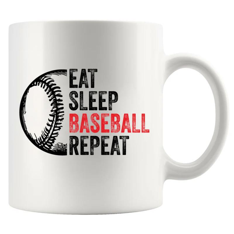 Tailorly White Ceramic 11 oz Mug - Eat Sleep Baseball Repeat Distressed Sports Texture With Red And Black Vintage Lettering Baseball