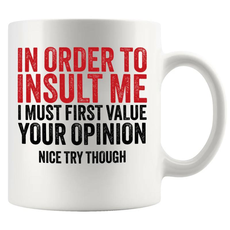 Tailorly White Ceramic 11 oz Mug - In Order To Insult Me I Must First Value Your Opinion Nice Try Though Bold Distressed Text Layout With Red And Black Sarcastic