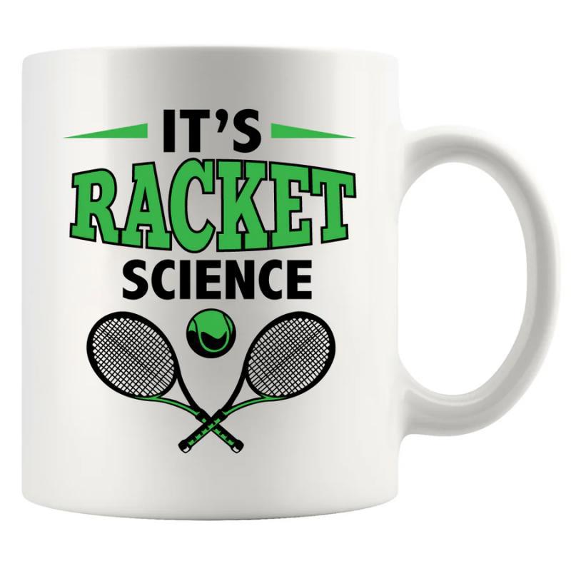Tailorly White Ceramic 11 oz Mug - Its Racket Science Two Crossed Tennis Rackets With A Small Green Ball In Center Rackets