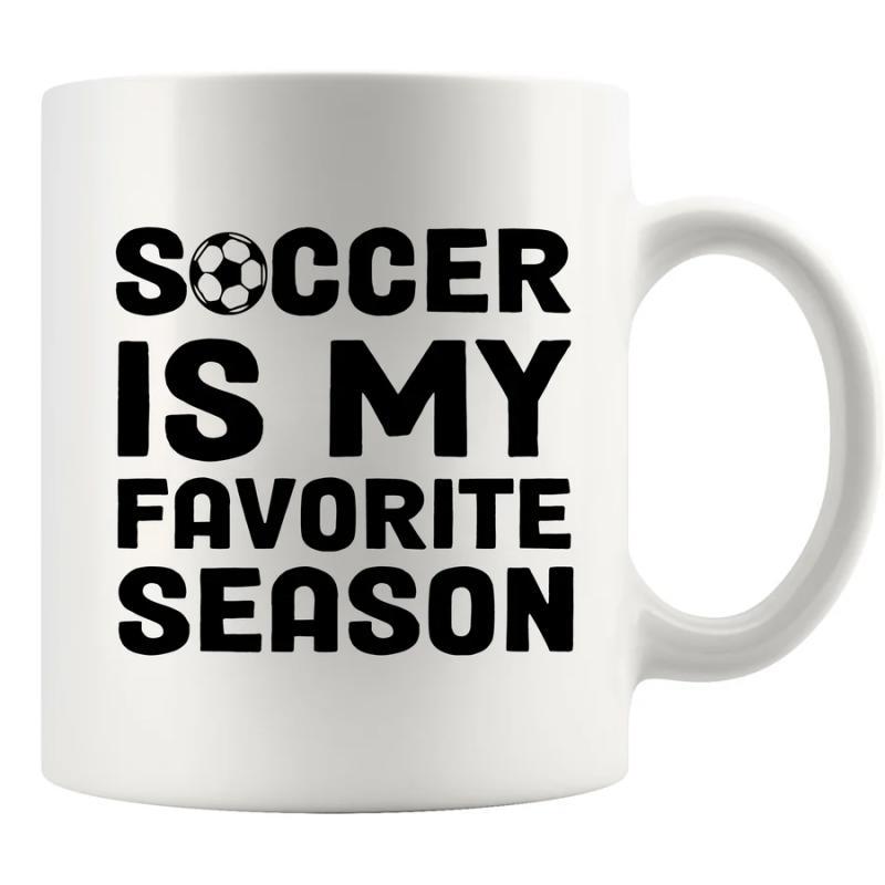 Tailorly White Ceramic 11 oz Mug - Soccer Is My Favorite Season Minimalist Classic Black And White Pattern Representing Competitive Football Sport Ball