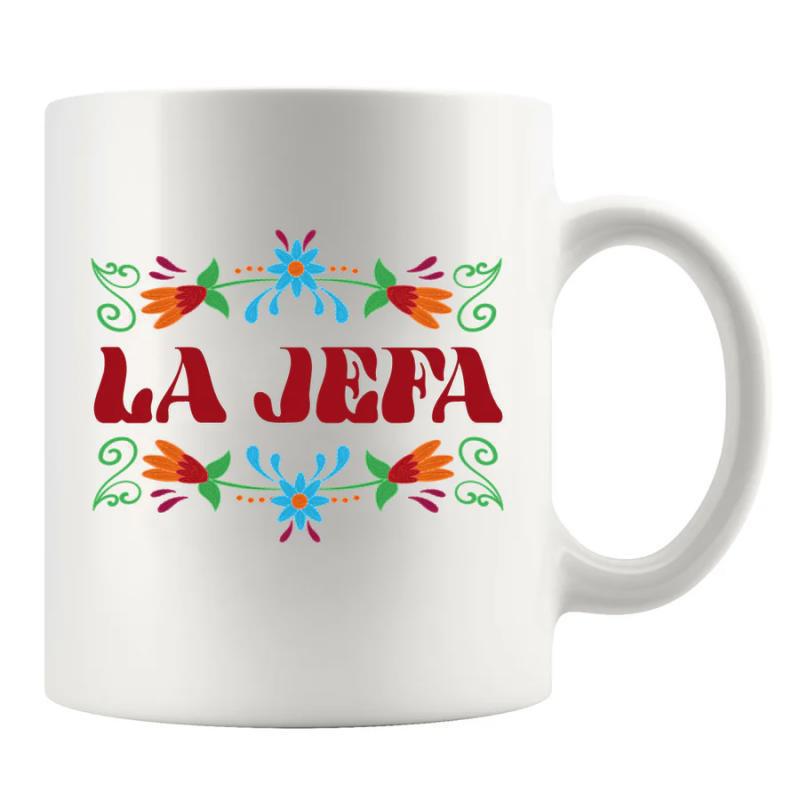 Tailorly White Ceramic 11 oz Mug - Vibrantly Colored Mexican Folk Art Style Symmetrical Blossoms Decorative Swirls Flower