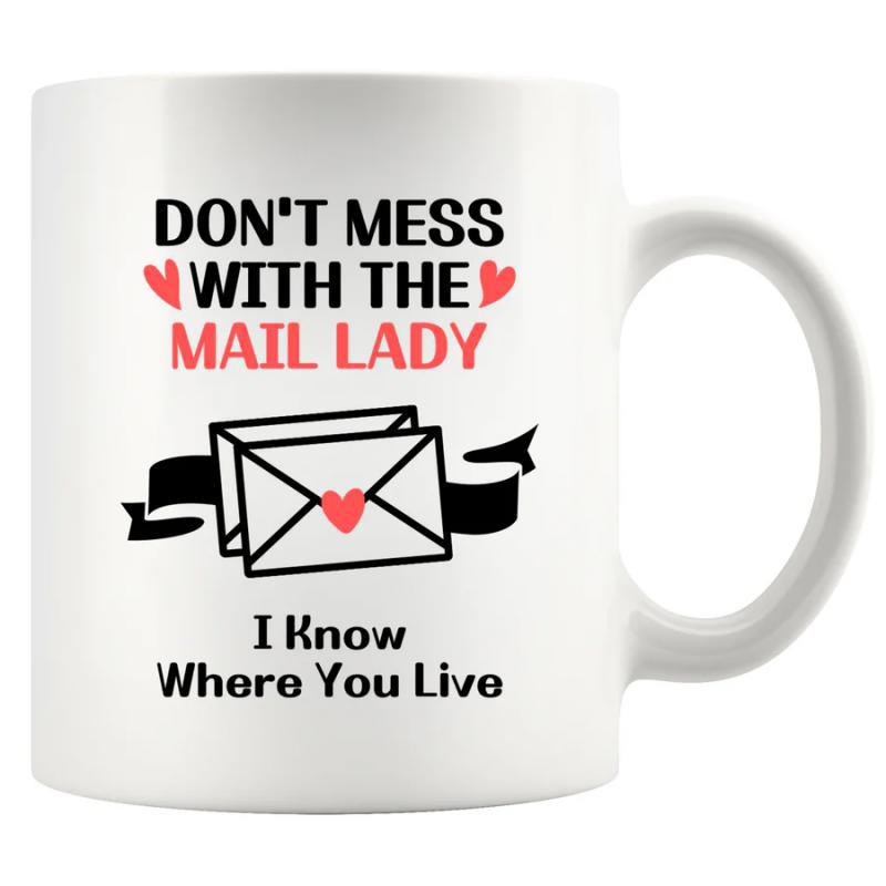 Tailorly White Ceramic 11 oz Mug - Don't Mess With The Mail Lady I Know Where You Live Minimalist Black Line Illustration With Small Pink Hearts Ribbon Detail