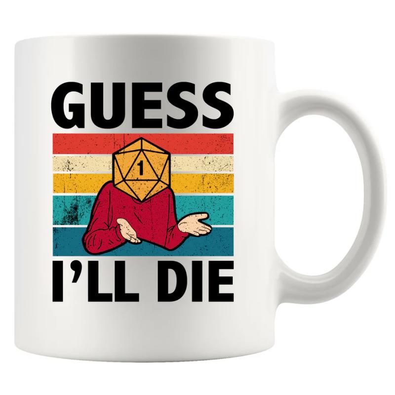 Tailorly White Ceramic 11 oz Mug - Guess Ill Die Vintage Retro Style Sunset Background Shrugging Character With Polyhedral Twenty Sided Die