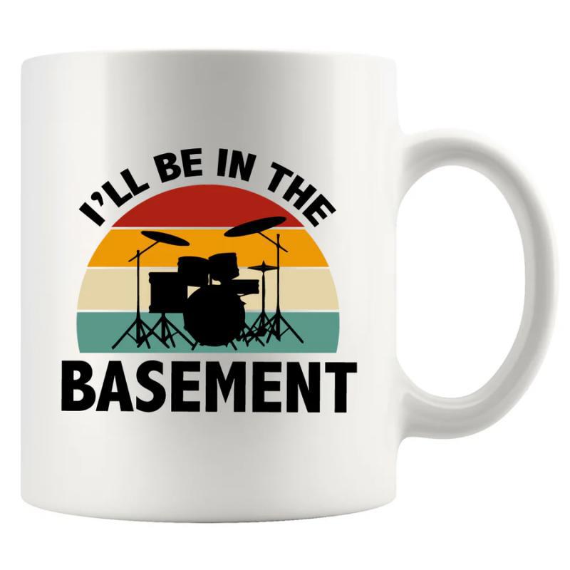 Tailorly White Ceramic 11 oz Mug - I'll Be In The Basement Vintage Retro Striped Sunset Featuring Musical Instrument Silhouette Drum Kit