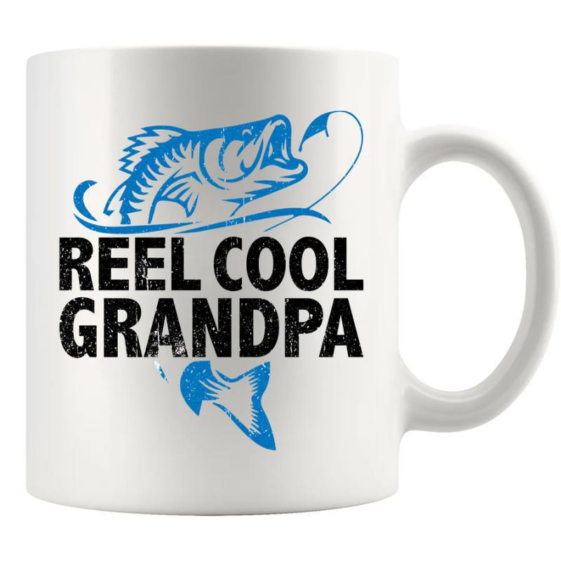 Tailorly White Ceramic 11 oz Mug - Reel Cool Grandpa Jumping Bass Silhouette Among Water Splashes And Fishing Hook Fish